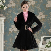 新款黑色大毛翻領女裝呢子外套歐根紗裙擺加厚長款氣質毛呢大衣 免運費
