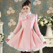 娃娃款粉色蕾絲邊女裝大蝴蝶結荷花葉大擺裙厚毛呢長款大衣外套 免運費