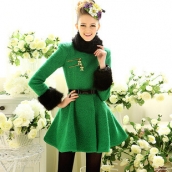 秋冬新款綠色斜拉鏈毛呢大衣長款大擺修身毛呢女裝大衣外套 免運費