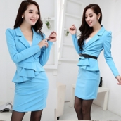 春秋裝藍色氣質翻領荷葉邊裙擺修身長袖低腰連衣裙 免運費