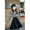 春秋女裝黑白條紋鑲拼雪紡連衣裙蝴蝶結泡泡袖女裝連衣裙【免運費】
