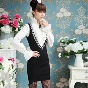 春秋新款女裝寶石鑲邊緊身深V領百搭打底裙毛呢背心連衣裙 免運費