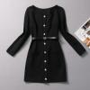 歐美春秋新款女裝紐扣腰帶裝飾長袖修身顯瘦針織氣質連衣裙