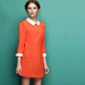 春秋季韓版女裝名媛氣質撞色翻領連衣裙甜美淑女小飛袖OL連衣裙 免運費