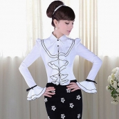 春秋新款女裝白色雙層荷葉邊黑蝴蝶結泡泡長袖OL襯衫 喇叭袖襯衣 免運費 