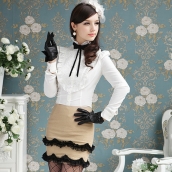 新款淑女裝 白色蕾絲花邊荷葉邊 黑蝴蝶結領帶泡泡長袖女裝襯衫襯衣 免運費