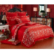 鸞鳳情緣 鳥語花香 婚慶多件套 全棉蕾絲花邊大紅 包郵