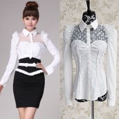 春裝新款女裝白色拼接網點飛袖翻領襯衣 長袖襯衫 免運費