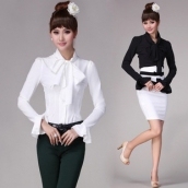 春秋女裝荷葉邊袖 飄帶系大蝴蝶結修身顯瘦長袖襯衣襯衫 免運費