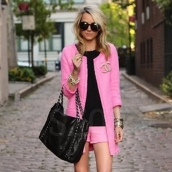 早春新品歐美大牌名媛小香風 珊瑚紅修身毛呢外套短褲套裝 免運費