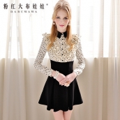 春裝杏底黑愛心鑲拼荷葉邊襯衫 氣質長袖連衣裙 修身波點雪紡裙 免運費