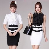 春裝新款女裝黑白拼接蝴蝶結女式半裙 荷葉邊緊身顯瘦高腰半身裙 免運費