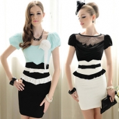 春裝新款女裝黑白拼接蝴蝶結女式半裙 荷葉邊緊身顯瘦高腰半身裙 免運費