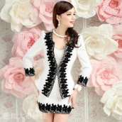 白色黑花邊優雅包臀毛呢半身裙 羊毛呢子短裙 免運費