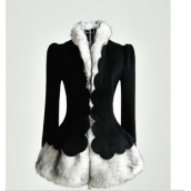 反季清倉秋冬新款女裝白色花瓣邊鑲毛毛裙擺 毛領厚毛呢大衣外套 免運費