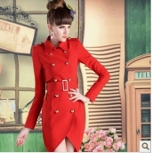 新款女裝紅色雙排扣郁金香修身風衣 緊身長袖大衣 免運費