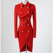 新款女裝紅色雙排扣郁金香修身風衣 緊身長袖大衣 免運費